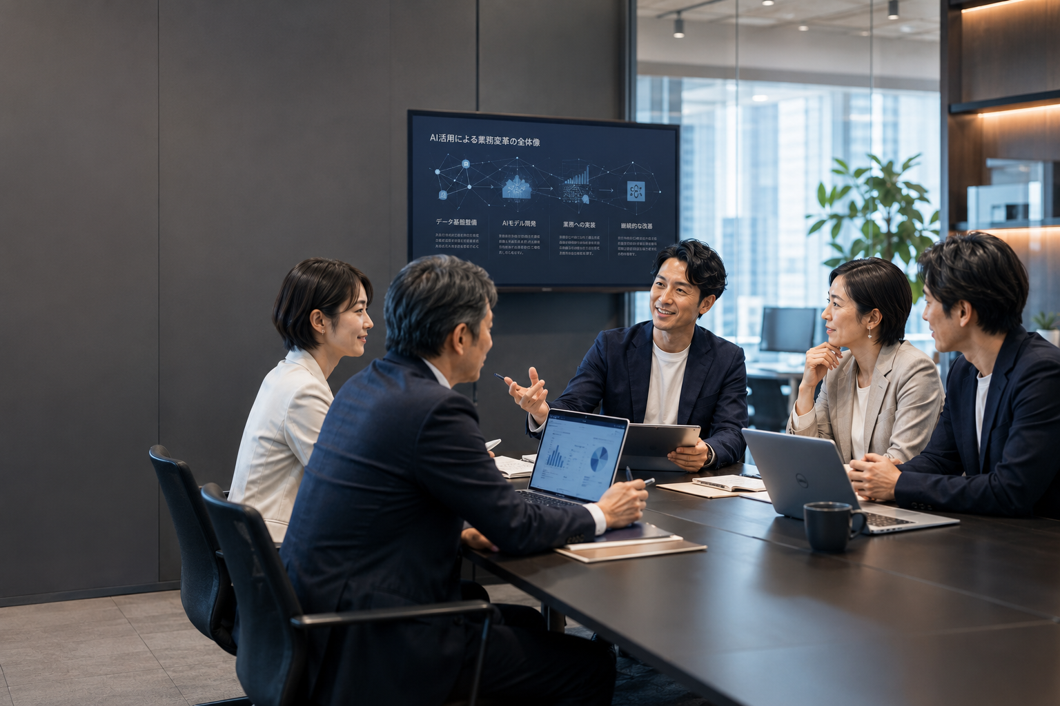 会議室で経営者とコンサルタントがAI活用による業務変革の全体像について議論している様子。複数のメンバーがディスプレイの資料を見ながら対話している。