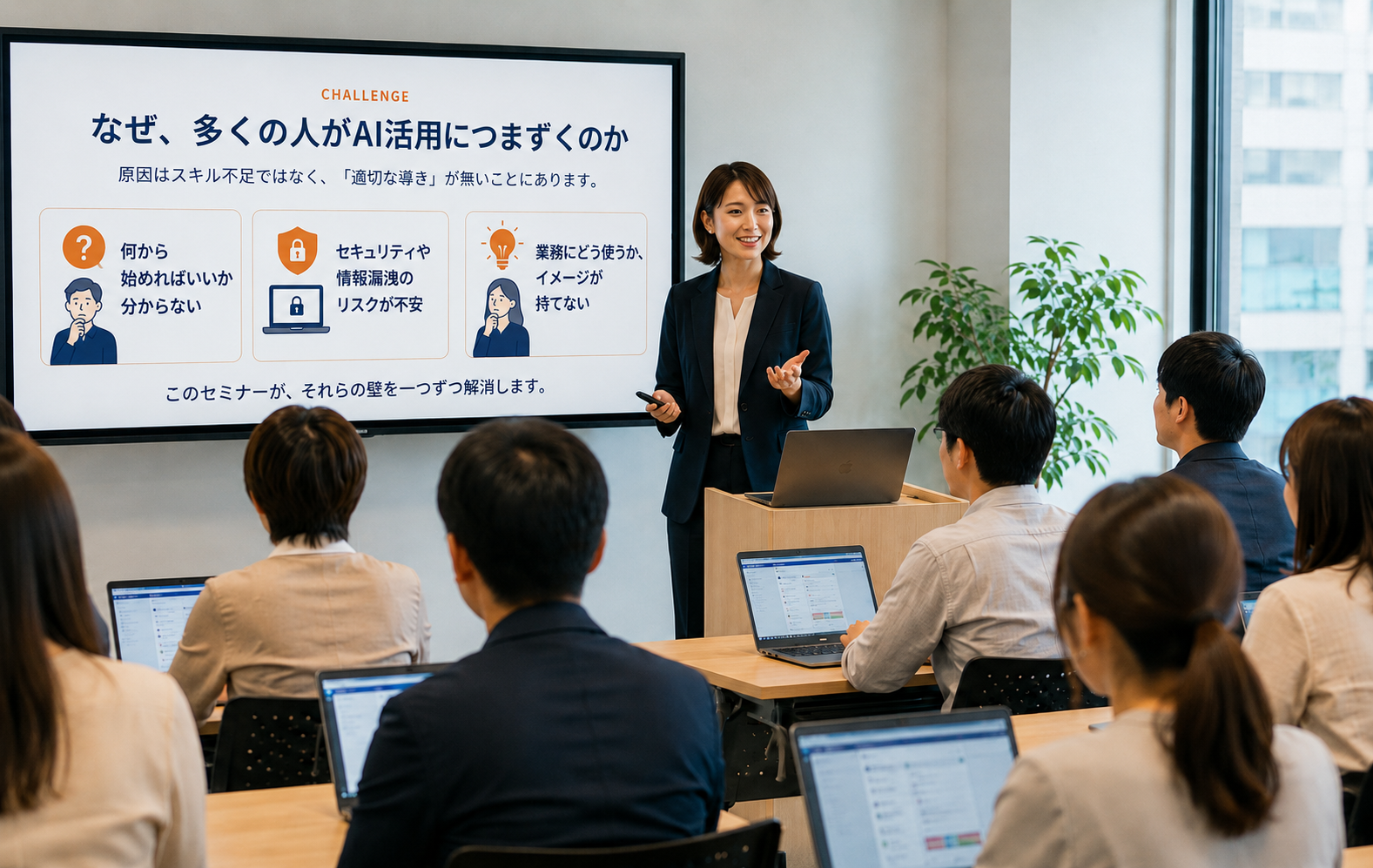 モダンなオフィス会議室で開催されている生成AIセミナーの様子。日本人のビジネスパーソンが講師の話を聞きながら、ノートPCで実践的にAIを学んでいる